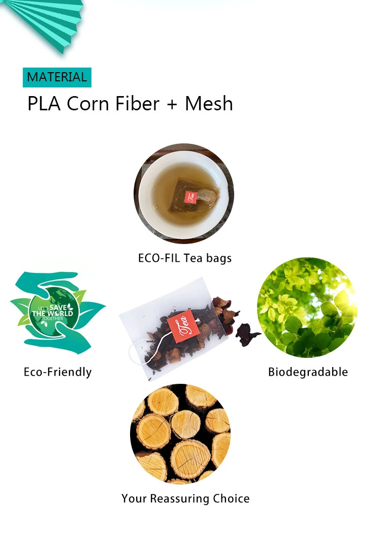 PLA 58 X 70mm Biodegradable Corn Fiber Mesh Pyramid Empty Tea Bags, with Custom Tag