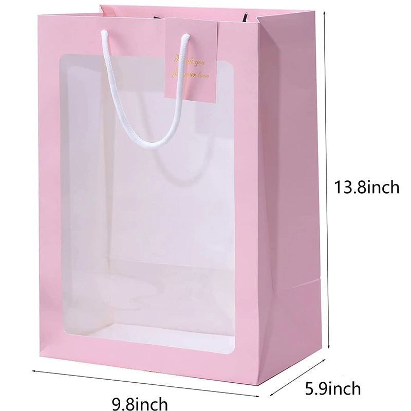 Custom Printed Premium Pink Packaging Gift Paper Bag with PVC Window Factory Cosmetic Paper Bag